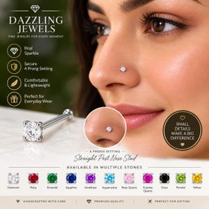 Può includere: Un piercing per il naso a perno dritto con una pietra preziosa rotonda e trasparente in una montatura in metallo a quattro griffe. Il gioiello è mostrato insieme a opzioni di testo per vari colori di pietra, tra cui diamante, rubino, smeraldo, zaffiro, ametista, acquamarina, quarzo rosa, quarzo fucsia, onice, peridoto e giallo.