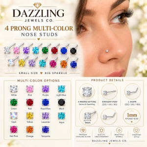 Piercing per il naso da 1 mm: oro 18 carati, argento sterling, vari colori (perno dritto, a forma di L)