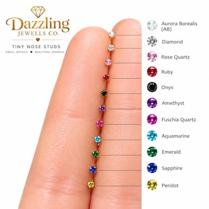 May include: A vertical row of eleven small nose studs with various colored stones, including Aurora Borealis, diamond, rose quartz, ruby, onyx, amethyst, fuchsia quartz, aquamarine, emerald, sapphire, and peridot, labeled by name.