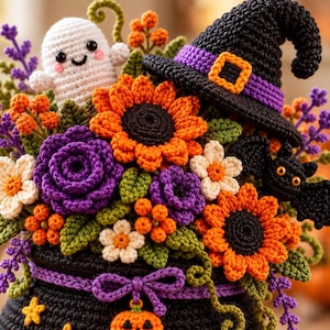 May include: A crochet arrangement featuring a white ghost, a black witch hat with a purple band, and a black bat. The bouquet includes orange sunflowers, purple roses, white flowers, green leaves, and orange berries, all set in a black crochet pot.