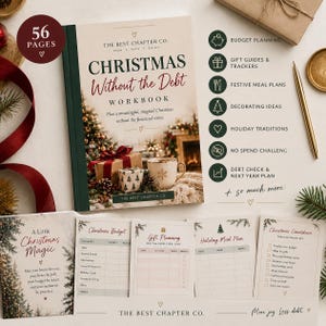 Könnte beinhalten: Ein 56-seitiges Arbeitsbuch mit dem Titel Christmas Without the Debt, dessen Einband ein Geschenk, eine Tasse und einen Baum zeigt. Enthält Abschnitte für Budgetplanung, Geschenkideen, Essenspläne, Dekoration und Feiertagstraditionen.
