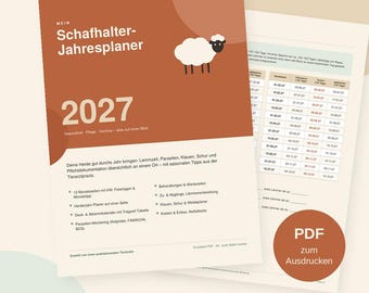 Könnte beinhalten: Ein Jahresplaner 2027 für Schafhalter mit dem Titel Mein Schafhalter-Jahresplaner. Das Cover ist rostfarben mit einer weißen Schaf-Illustration und Text. Er umfasst 31 Seiten zur Dokumentation von Gesundheit, Pflege und Terminen.