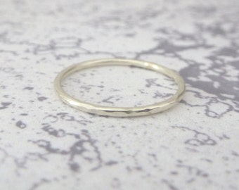 Thin 9ct White Gold Ring - 1.2mm Thin White Gold Band - Hammered or Smooth - Thin Band Ring White Gold