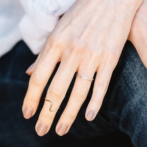 May include: A close-up of a hand wearing two thin gold rings. The ring on the index finger is a simple band, while the ring on the middle finger is a wavy design.