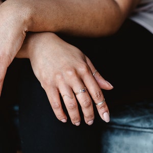May include: A hand wearing several thin gold rings, including one with a small blue gemstone.