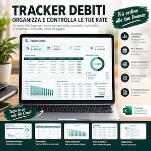 Könnte beinhalten: Ein Laptop-Bildschirm zeigt eine Excel-Datei zur Schuldenverfolgung mit dem Titel Tracker Debiti. Die Benutzeroberfläche enthält Finanzübersichten, eine Schuldenliste, ein Kreisdiagramm und einen Rückzahlungsplan. Fünf kleine Vorschaubilder zeigen Details.