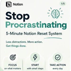 May include: A white digital graphic with the Notion logo and the text Stop Procrastinating 5-Minute Notion Reset System. It includes the phrases Less distractions. More action. Get things done. and three icons for Focus, Start, and Take Action.