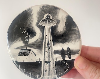 Handbemalter UFO-Untersetzer, Steingut-Alien-Entführungskunst