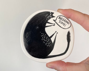 Handmade sassy cat ‘negroni time’ ceramic coaster