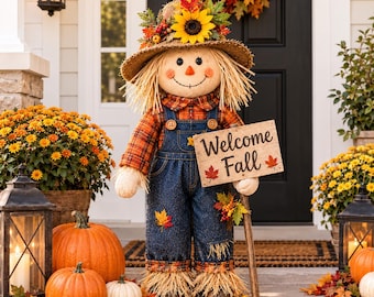Rustic Fall Scarecrow Porch Decor, Welcome Autumn Garden Yard Sitter (Farmhouse Style)