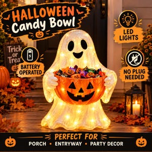 Bol de dulces con forma de fantasma brillante / Soporte para dulces con forma de calabaza, decoración de Halloween para el porche