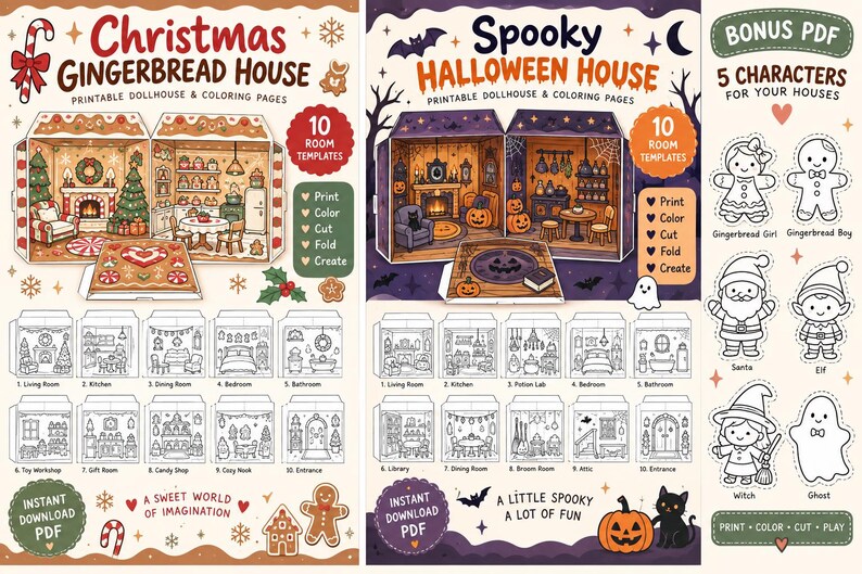 Christmas & Halloween Printable Dollhouse Bundle, 20 Coloring Rooms + 5 ...