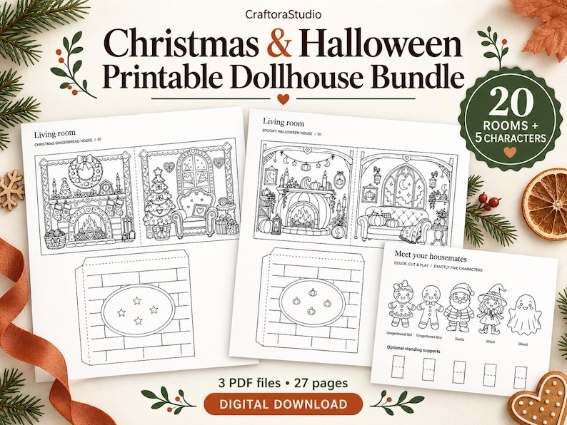 Christmas & Halloween Printable Dollhouse Bundle, 20 Coloring Rooms + 5 ...