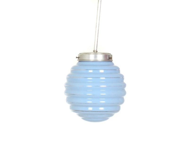Vintage Blue Silver Glass Pendant Light Lamp Ceiling 60s 70s Retro Mid Century Lighting Yugoslavia