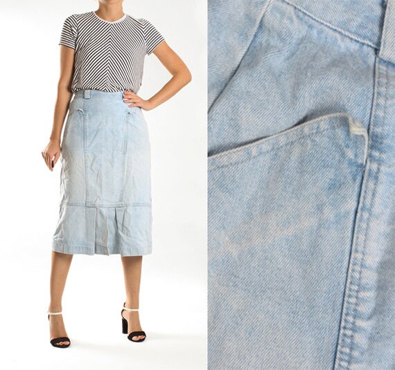 light blue denim midi skirt