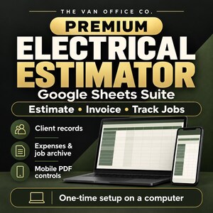 以下が含まれることがあります： Premium Electrical Estimator Google Sheets Suiteというタイトルのデジタルスプレッドシートツール。ノートパソコンとスマートフォンにデータグリッドが表示されており、顧客記録、経費、ジョブ追跡などの機能がテキストで記載されています。