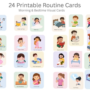 Könnte beinhalten: Ein Set aus 24 druckbaren Routinekarten mit dem Titel 24 Printable Routine Cards Morning & Bedtime Visual Cards. Jede Karte zeigt eine farbenfrohe Cartoon-Illustration eines Kindes bei einer täglichen Aufgabe mit Textbeschriftungen wie Play Time.