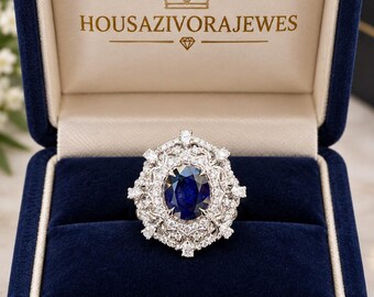 Anillo de zafiro azul de 8 x 10 mm, anillo llamativo de zafiro ovalado, anillo de plata de inspiración vintage, anillo de piedra preciosa azul real, regalo elegante para ella.