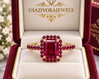 Bague rubis 8 x 10 mm, bague rubis taille émeraude, bijou en argent sterling et rubis, accents en or 10 carats, bague halo de pierre précieuse rouge, cadeau pour elle