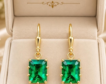 Pendientes colgantes de esmeralda de 10 x 12 mm, pendientes colgantes de piedra preciosa de talla esmeralda verde, joyería elegante, regalo en plata de ley o oro macizo de 10 quilates.