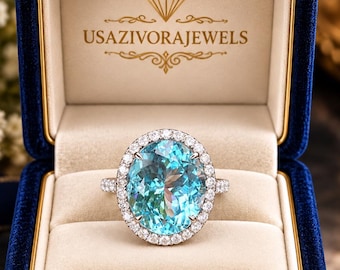 Anillo de turmalina Paraiba de 10 x 12 mm, anillo de plata de ley, anillo ovalado con gema azul verdosa, anillo de cóctel con halo, joyería llamativa, regalo para ella.