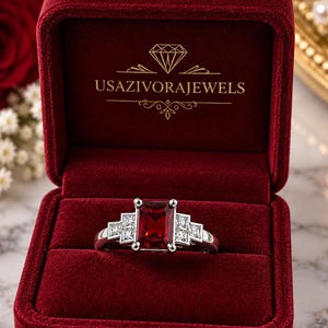 Peut inclure: Une bague en argent ornée d'une grande pierre rouge rectangulaire au centre, flanquée de deux petites pierres blanches carrées de chaque côté. La bague est présentée dans un écrin en velours rouge foncé avec le texte USAZIVORAJEWELS en doré.