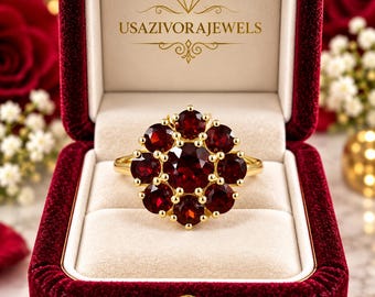 Bague rubis 6 x 6 mm, bague sertie de rubis ronds, argent sterling et or massif 10 carats, bague florale ornée d'une pierre précieuse rouge, bijou élégant en rubis
