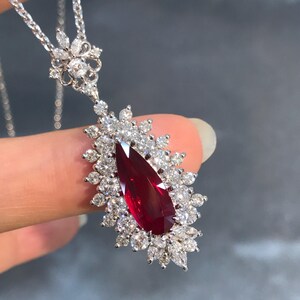Ruby Pear Pendant Necklace, 5x10mm Red Ruby Gemstone, 925 Sterling Silver Halo Necklace, Elegant Statement Jewelry, Luxury Gift for Her