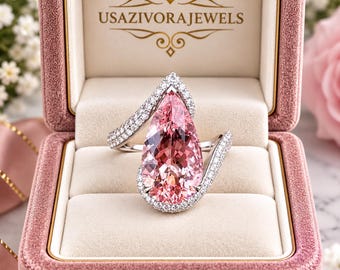 Anillo de zafiro rosa de 6 x 12 mm, anillo de zafiro rosa talla pera, anillo llamativo con gema rosa, joyería elegante de zafiro, anillo de cóctel, regalo para ella.
