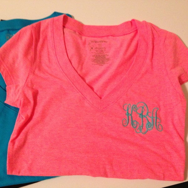 Women's Monogrammed V-neck tees.