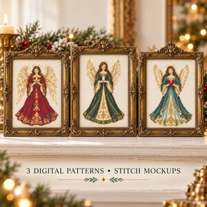 Modèles de point de croix d'anges de Noël (PDF), 3 grilles séparées : étoile, bougie et cœur