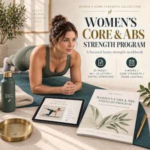 Könnte beinhalten: Ein Trainingsprogramm mit dem Titel Women's Core & Abs Strength Program, bestehend aus einem 33-seitigen Arbeitsbuch in A4 und US Letter. Das Set enthält ein gedrucktes Arbeitsbuch, ein Tablet, eine grüne Trinkflasche und ein goldenes Tablett.