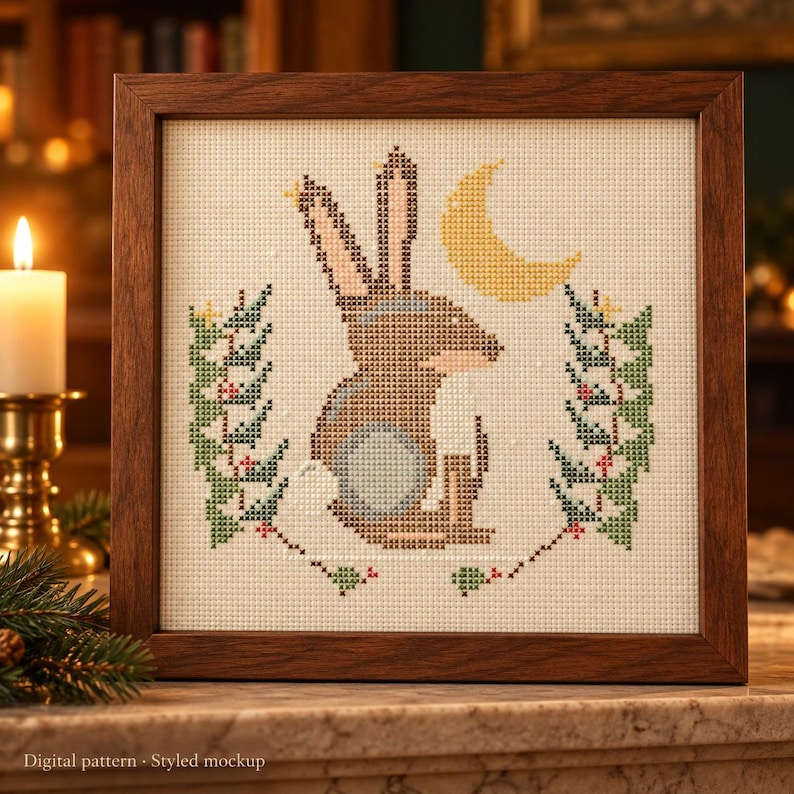 Hare Cross Stitch Pattern PDF, Moonlit Winter Rabbit With Evergreen ...