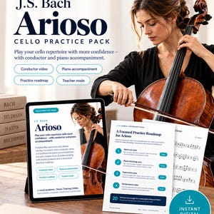 May include: A digital J.S. Bach Arioso cello practice pack featuring a tablet displaying a practice roadmap, a printed sheet music guide, and a musician playing a wooden cello. The text includes e-vocal.academy, Arioso, and practice features.