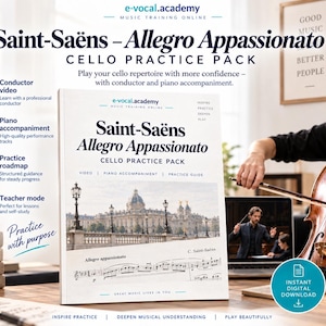May include: A Saint-Saëns Allegro Appassionato cello practice pack featuring a white cover with black text, a photograph of a building, and musical notation. The pack includes a conductor video, piano accompaniment, practice roadmap, and teacher mode.