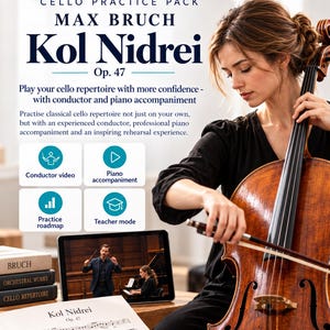 May include: A cello practice pack for Max Bruch's Kol Nidrei Op. 47 by e-vocal.academy. Includes conductor video, piano accompaniment, practice roadmap, and teacher mode. Features a digital tablet displaying a conductor and sheet music.
