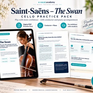 May include: A digital cello practice pack for Saint-Saëns' The Swan, featuring a tablet displaying the cover, two printed instructional pages, and a cello bow. The materials include conductor and piano accompaniment guides for students.