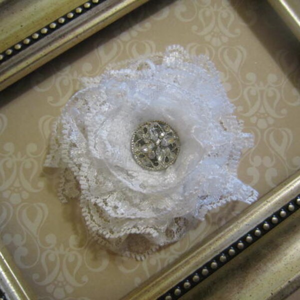 Lace Flower with Rhinestone Embellishment available as a broach, barrette, clip, or headband