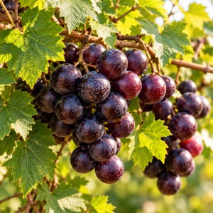 May include: A large, dense cluster of dark purple grapes hanging from a vine. The round, glossy fruit is interspersed with vibrant green, serrated leaves. The grapes show varying shades of deep violet and maroon, illuminated by natural sunlight.