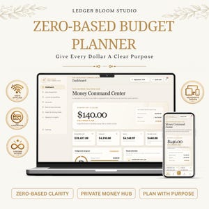 Pode incluir: Um planejador de orçamento digital exibido na tela de um laptop e de um smartphone. A interface apresenta um painel Money Command Center com dados financeiros, incluindo um saldo de $140,00 e vários gráficos de progresso.