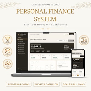 May include: A digital personal finance system displayed on a laptop and smartphone screen. The interface features a dashboard titled Financial Command Center with financial data, charts, and navigation menus in a dark and light theme.