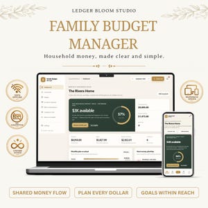 May include: A digital family budget manager software interface displayed on a laptop and a smartphone. The screen shows financial dashboards with text including Ledger Bloom Studio, Family Budget Manager, and The Rivera Home, featuring charts, savings goals, and expense tracking in a clean, neutral color palette.