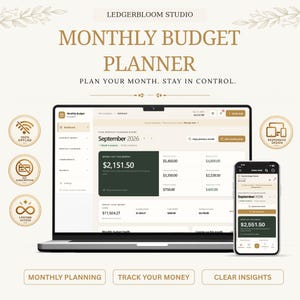 Könnte beinhalten: Ein digitaler monatlicher Budgetplaner auf einem Laptop- und Smartphone-Bildschirm. Die Benutzeroberfläche zeigt ein Dashboard mit Finanzdaten, einschließlich September 2026, verbleibendem Geld und Kontoständen in einem beigen und grünen Design.