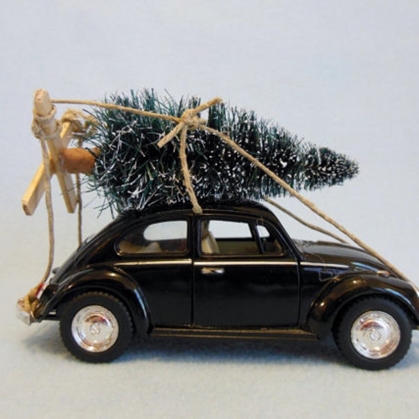 Classic Black VW Beetle with Christmas Tree ~ VW Bug ~ Volkswagen ~ Toy Car Christmas Ornament ~ I'll Be Home For Christmas