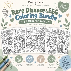 Könnte beinhalten: Ein digitales Download-Paket mit fünf ausdruckbaren Malvorlagen mit dem Titel Rare Disease & EEG Coloring Bundle. Die schwarz-weißen Strichzeichnungen zeigen Kinder in medizinischen Umgebungen, EEG-Geräte und inspirierende Texte wie Super Rare Super Brave.