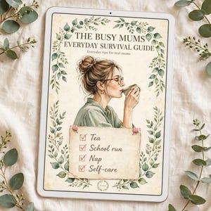 May include: A digital tablet displaying a guide titled THE BUSY MUMS EVERYDAY SURVIVAL GUIDE. The cover features an illustration of a person with a bun hairstyle and glasses drinking from a cup, framed by green leaves and a checklist including Tea, School run, Nap, and Self-care.