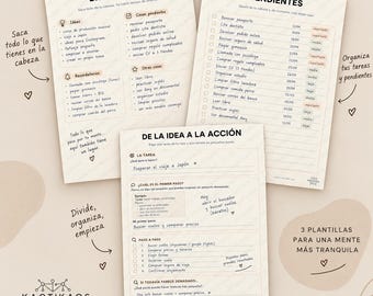 Pack 3 plantillas de organización | Brain Dump, tareas pendientes y pase a la acción | TDAH Planner | Planner imprimible A4
