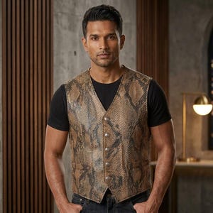Gilet homme en cuir imprimé serpent | Gilet en cuir véritable imprimé python | Gilet de motard style western | Cadeau fait main pour lui