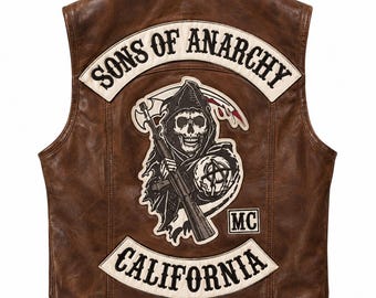 Gilet en cuir marron Sons of Anarchy - Gilet avec écusson SAMCRO - Gilet de motard en cuir véritable/simili cuir pour homme - Veste de cosplay SOA - Cadeau pour lui