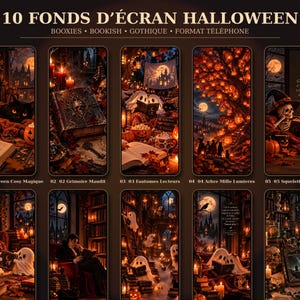 Peut inclure: Une collection numérique de 10 fonds d'écran de téléphone sur le thème d'Halloween intitulée 10 FONDS D'ÉCRAN HALLOWEEN. Les images présentent des scènes sombres avec des fantômes, squelettes, livres, citrouilles et bougies.